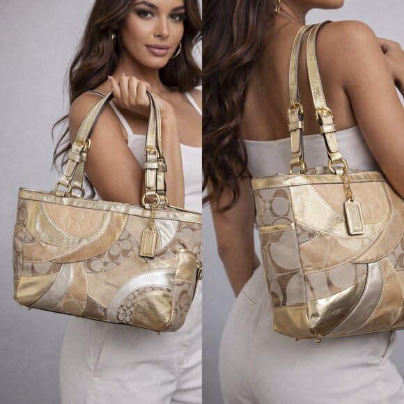 Coach Handbags - NEW Coach Y2K Gold Metallic Mosaic Patchwork Shoulder Bag Tote Purse